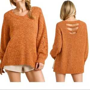 Bad Little Country Girl Cozy Distressed Knit V-Neck Sweater Open Back